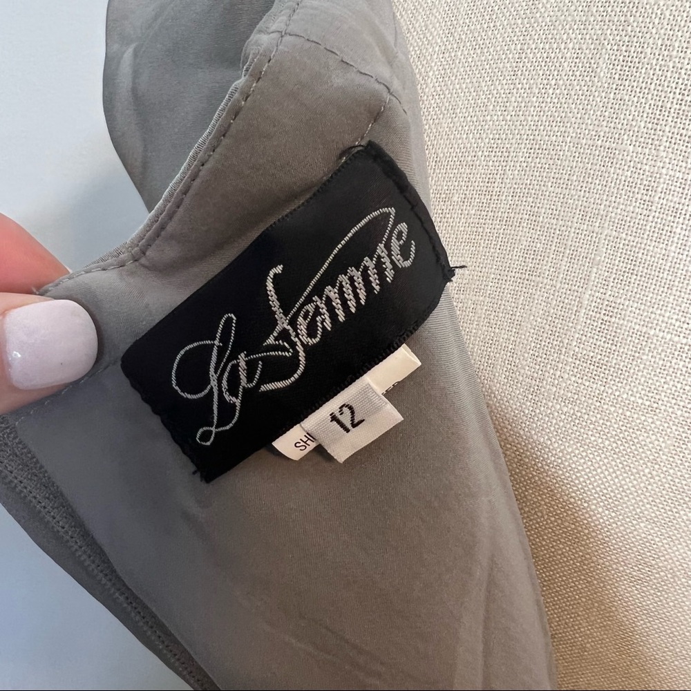 La Femme dress 25206 Pewter surplice off the shoulder column Gown 12 - Picture 8 of 9